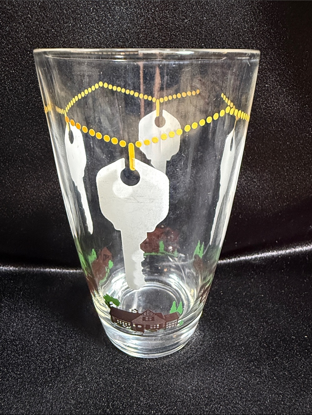 Decorative Key Motif Glass Tumbler in Clear with Yellow and White Accents